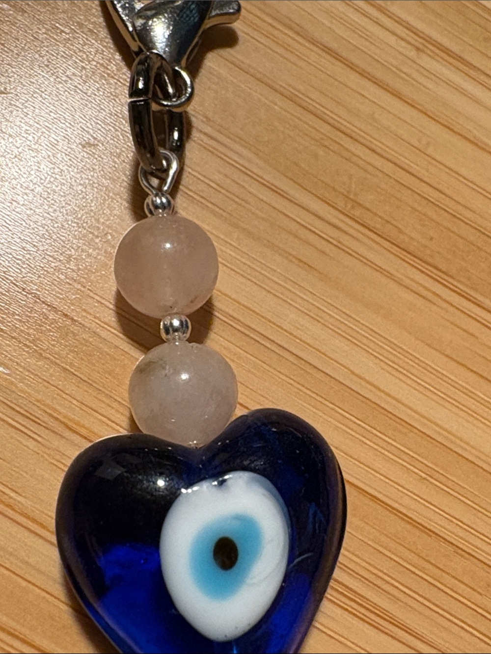 Handcrafted Rose Quartz Evil Eye Heart Glass Charm - Picture 3 of 6